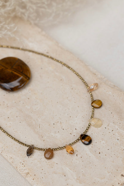 Collier Charlize marron pierres fines oeil du tigre citrine quartz fumé