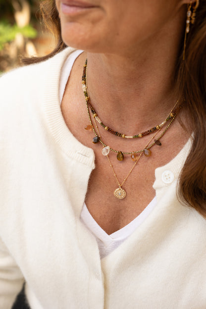 Collier Charlize marron pierres fines oeil du tigre citrine quartz fumé