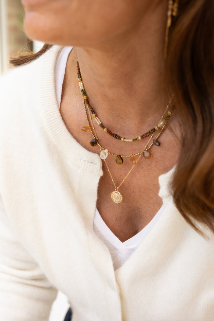 Collier Charlize marron pierres fines oeil du tigre citrine quartz fumé