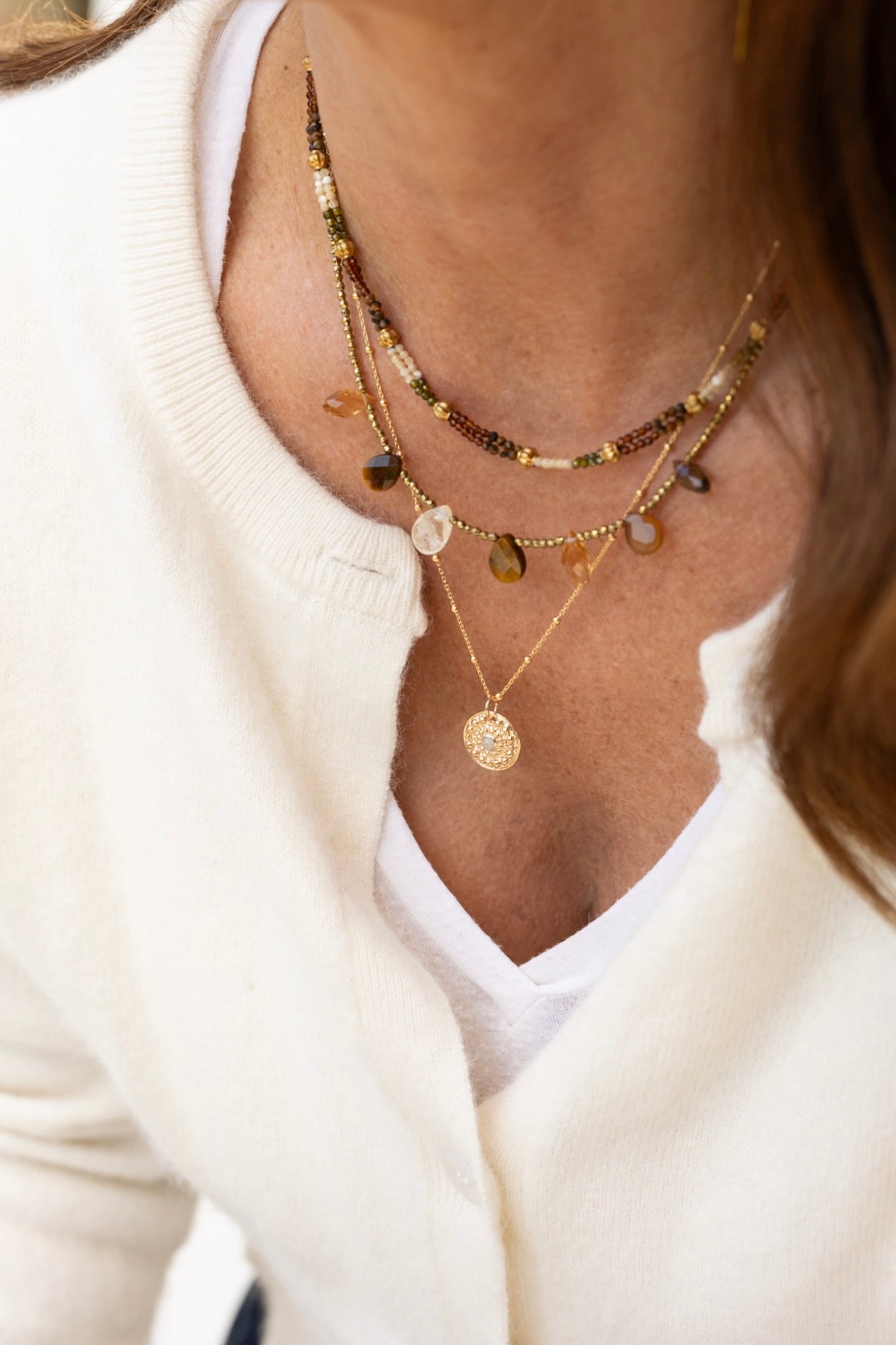 Collier Charlize marron pierres fines oeil du tigre citrine quartz fumé