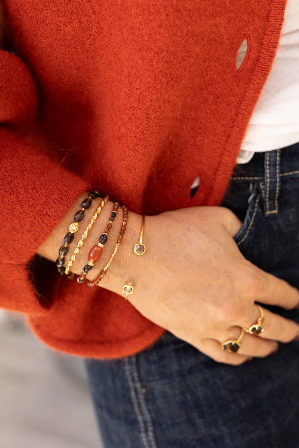 Bracelet Tiago pierres quratz fumé, cornaline obsidienne