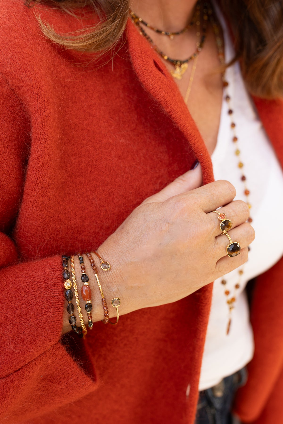 Bracelet Tiago pierres quratz fumé, cornaline obsidienne