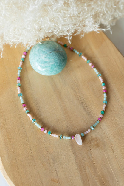 Collier Bora Bora en pierres d'Amazonite et quartz rose