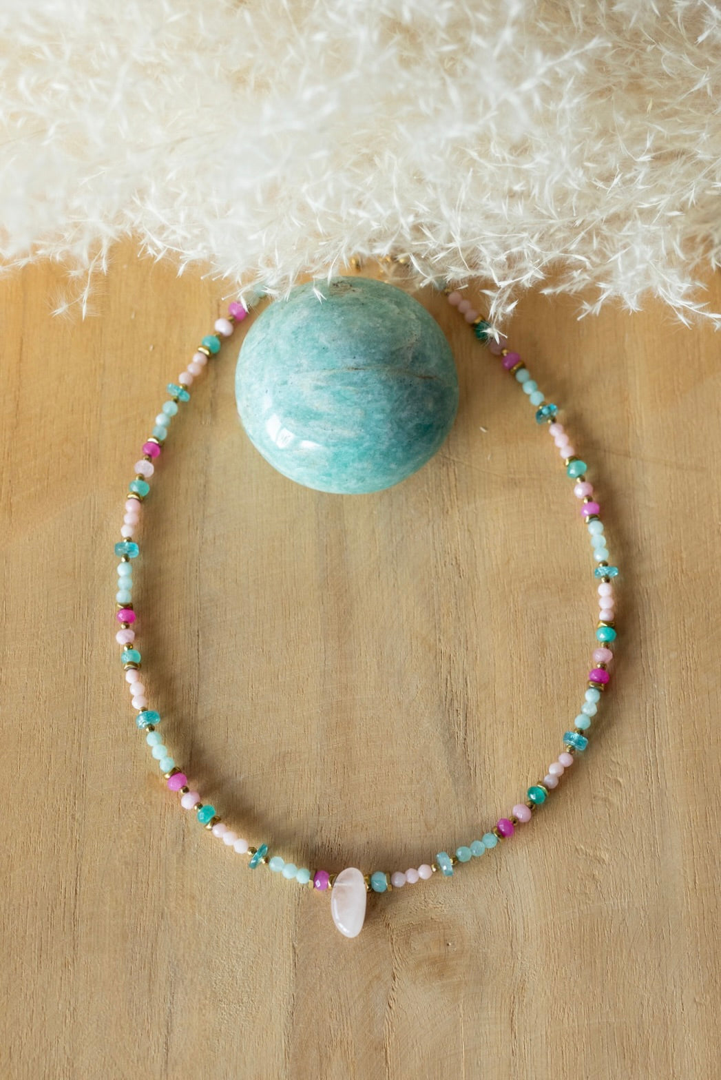 Collier Bora Bora en pierres d'Amazonite et quartz rose