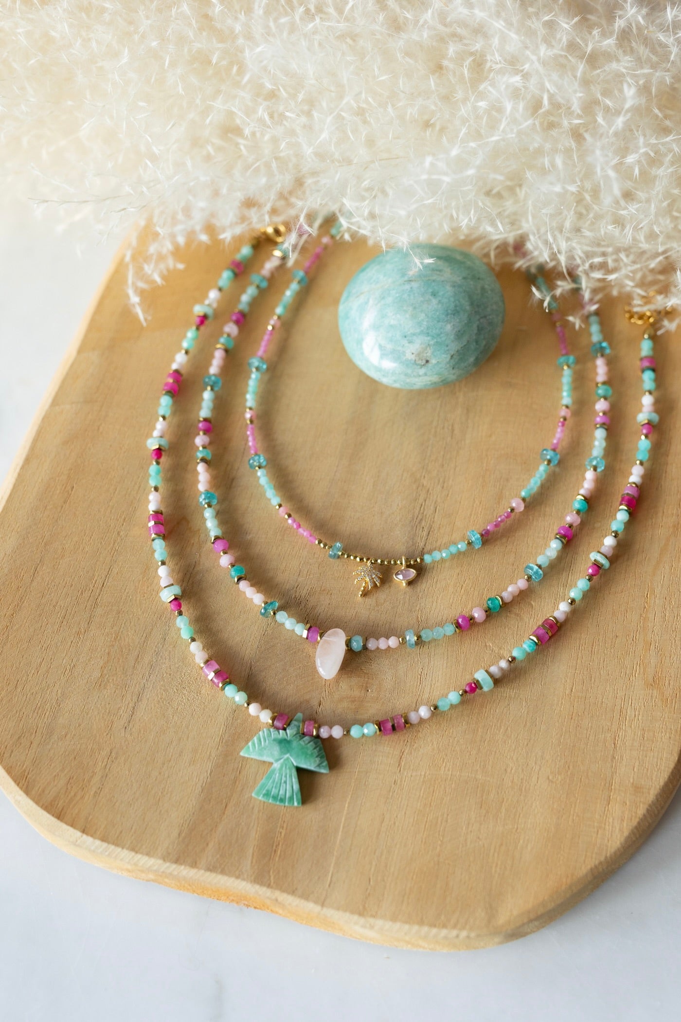 Collier Tahiti en pierres d'Amazonite, quartz et Tourmaline rose 