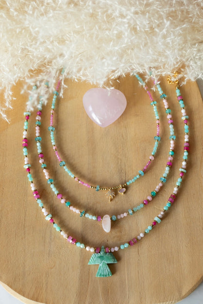 Collier Tahiti en pierres d'Amazonite, quartz et Tourmaline rose 