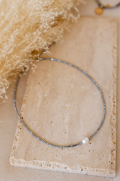 Collier Lisa  Argent hématite et perle eau douce