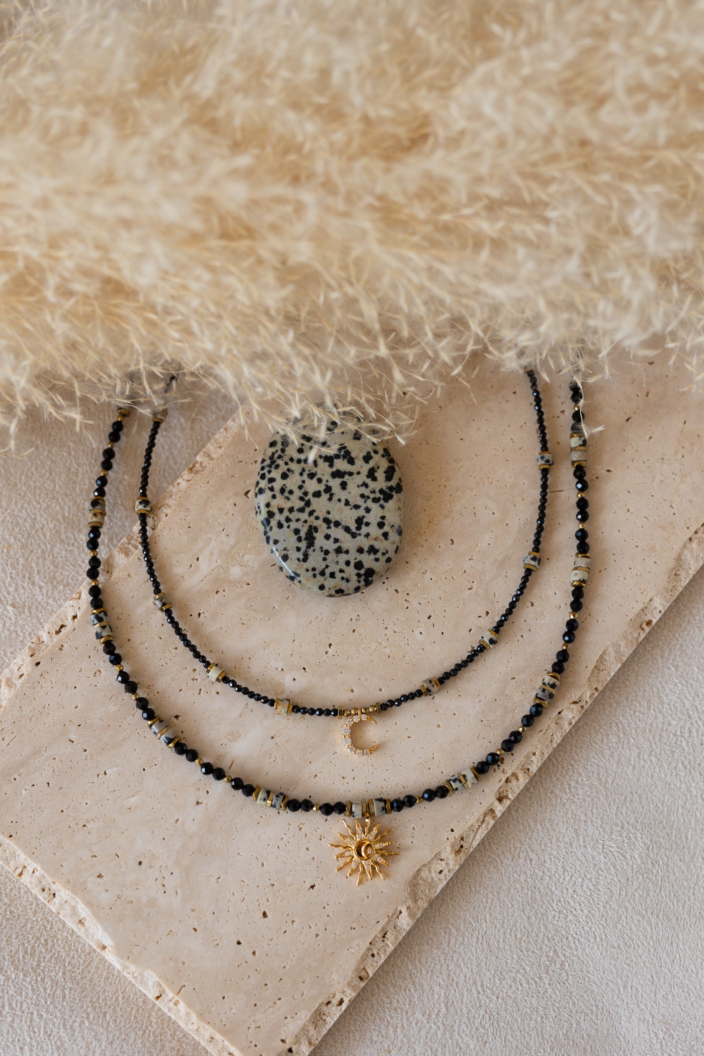 Collier Luna pierre d'onyx, jaspe dalmatien