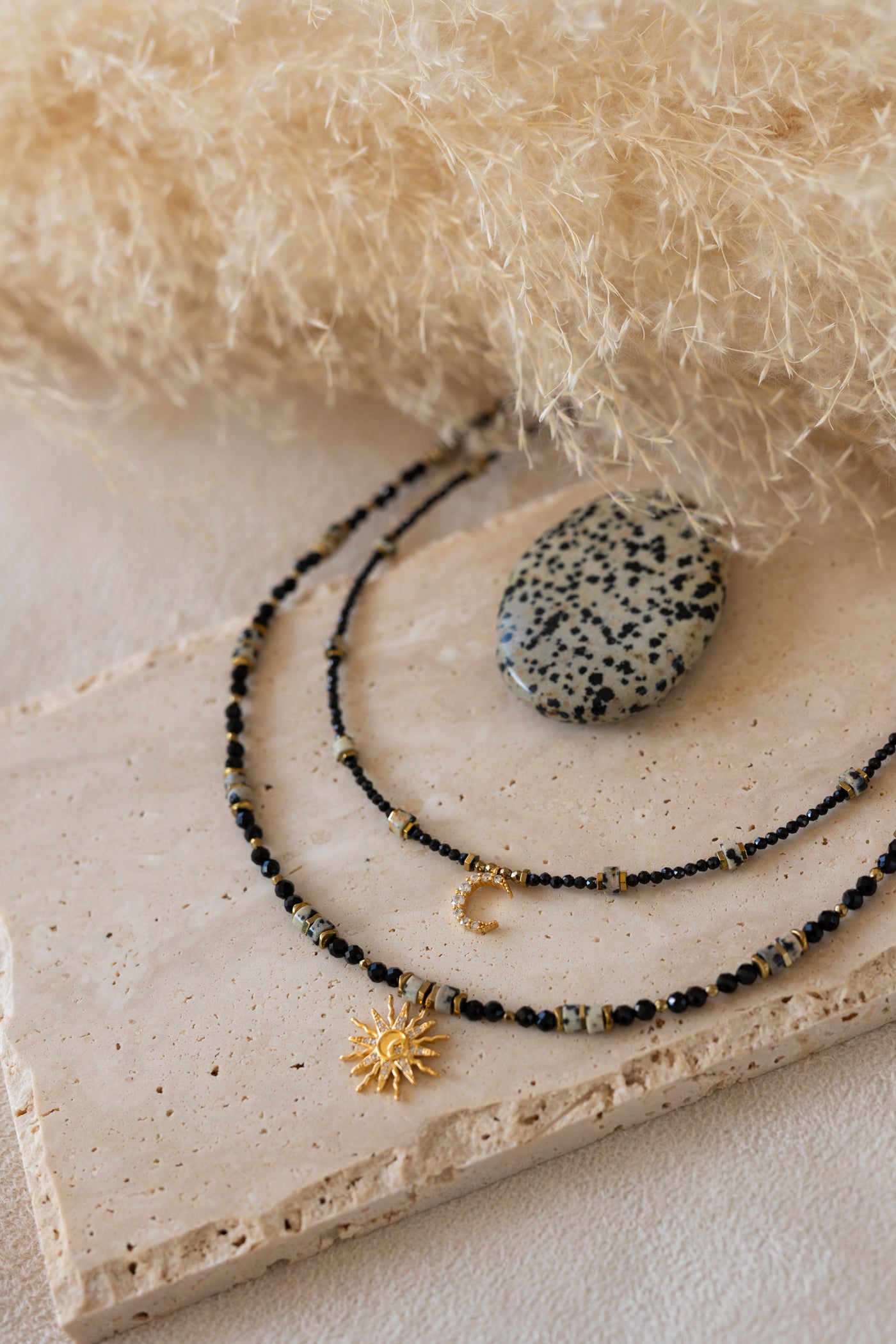 Collier Luna pierre d'onyx, jaspe dalmatien