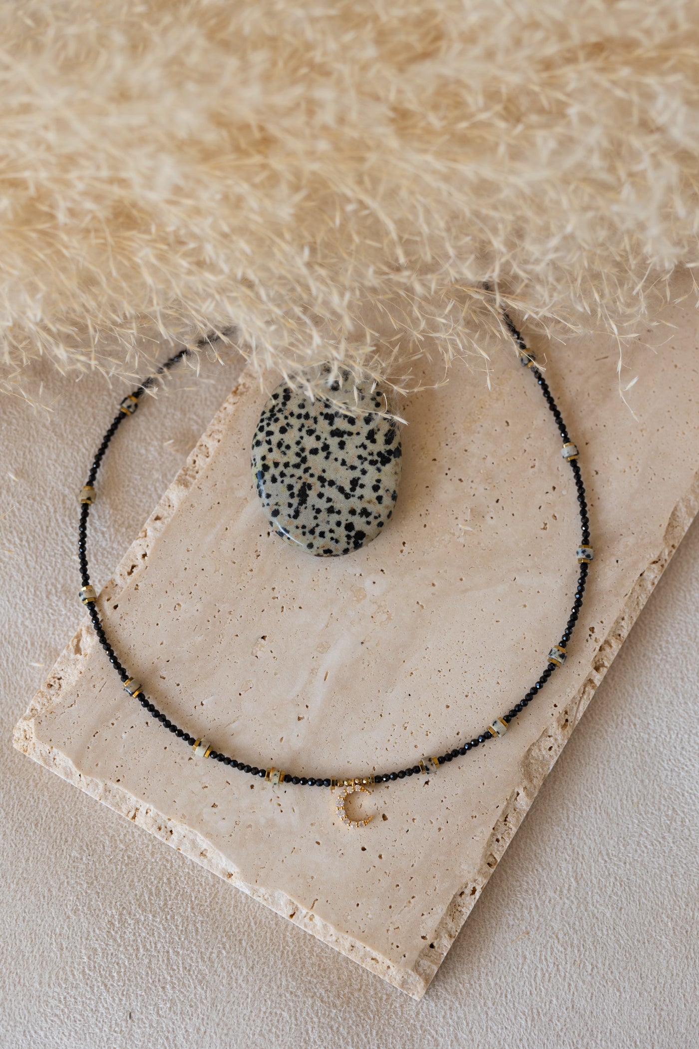 Collier Luna pierre d'onyx, jaspe dalmatien