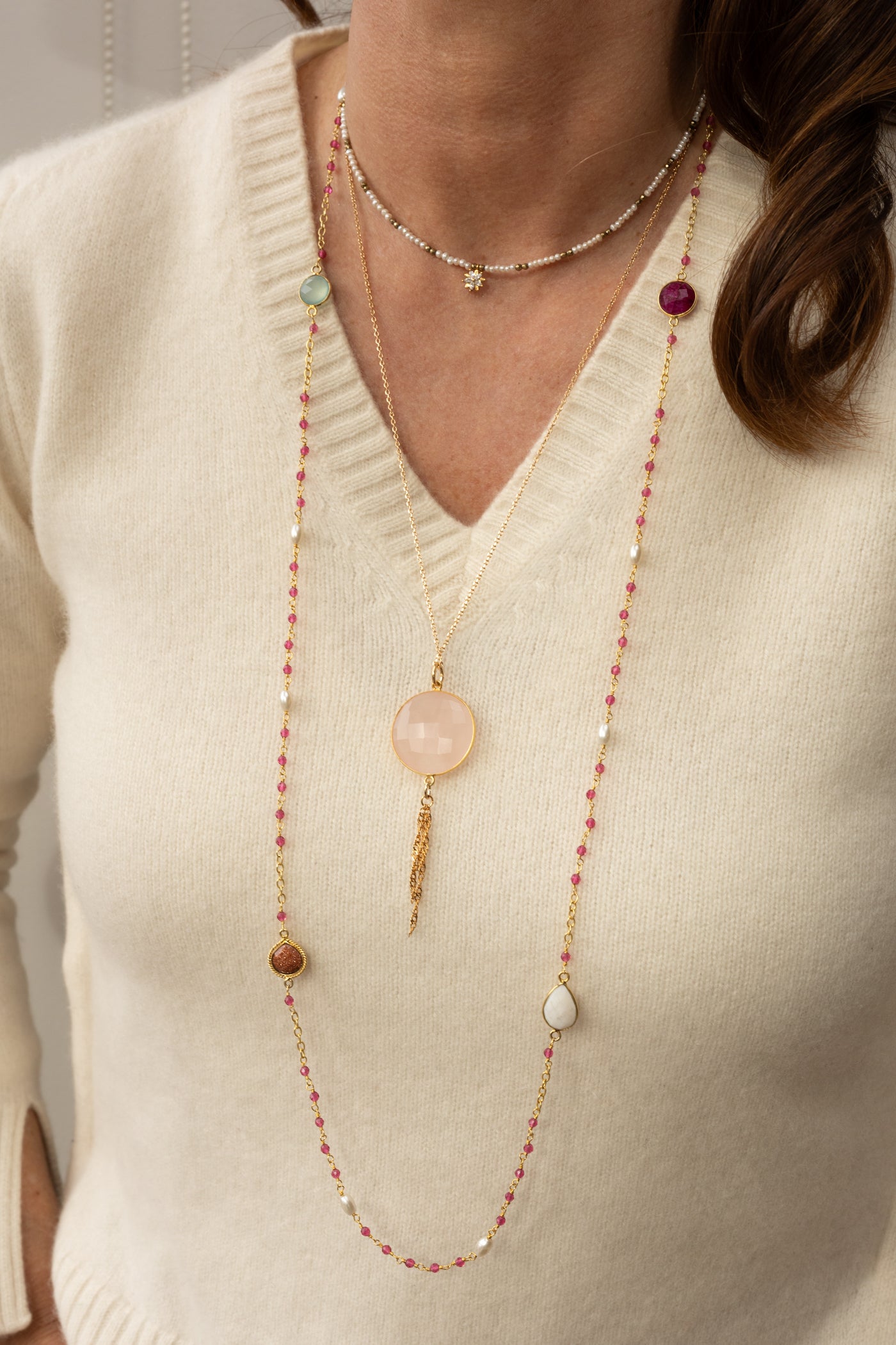 sautoir Rosy calcédoine rose