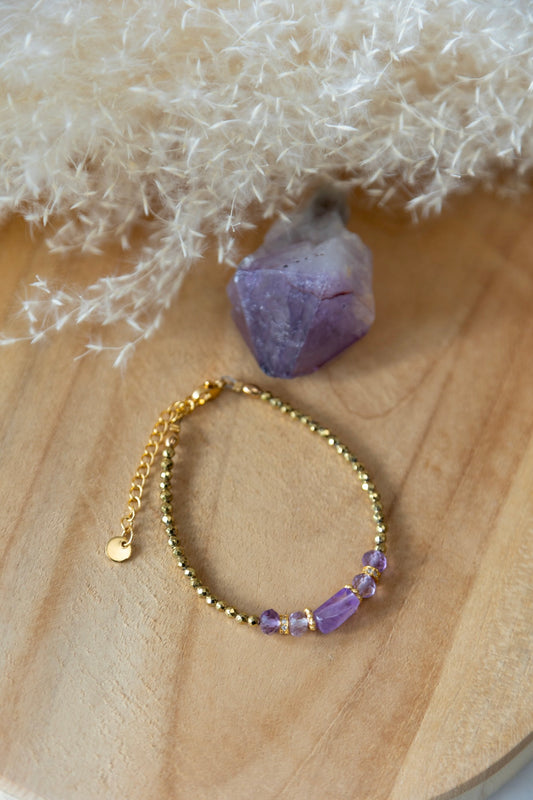 Bracelet Iris en pierres d'Améthyste et Hématite dorée