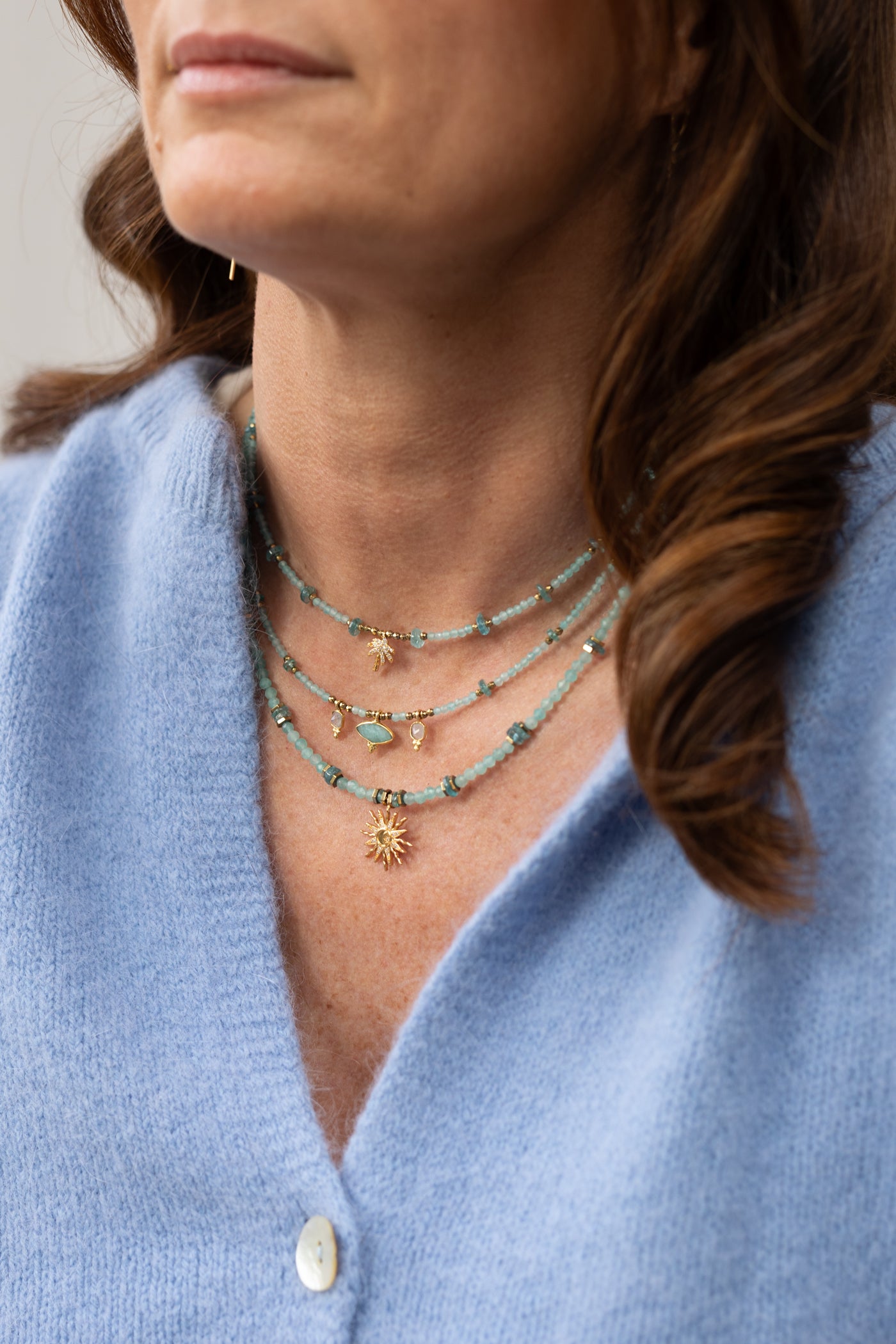 Colliers palmier, Noor et solane en amazonite et pierre de lune