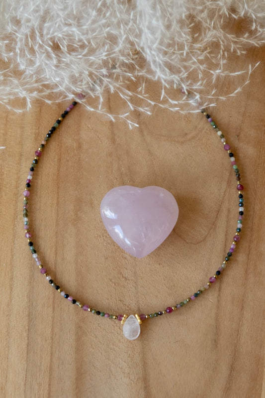 Collier Lyna en pierre de Tourmaline et quartz rose