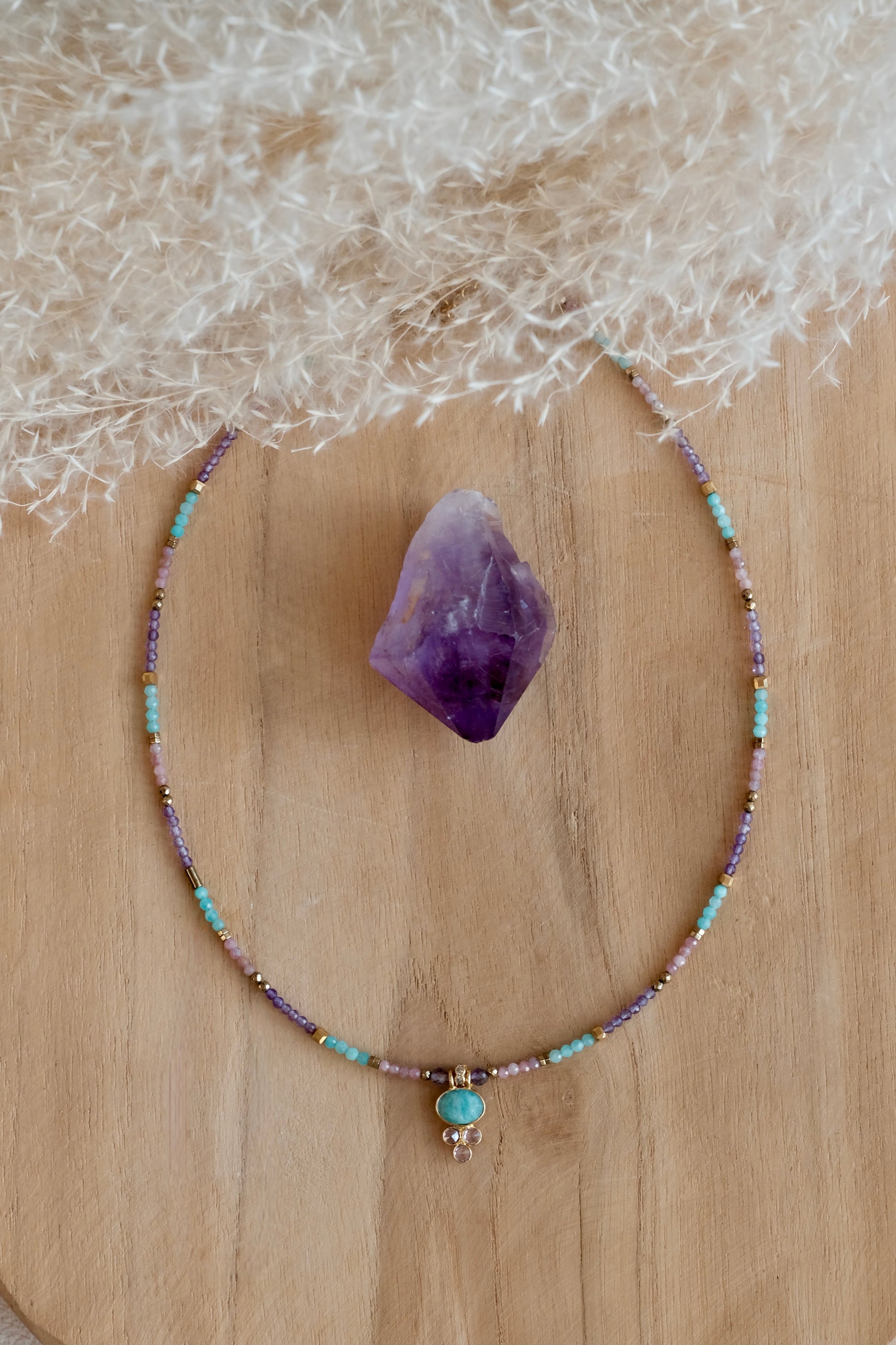 Collier Elena  en pierres d'Améthyste Amazonite quartz rose