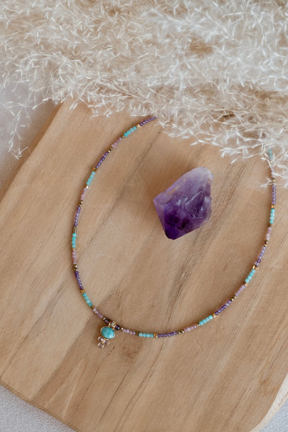 Collier Elena  en pierres d'Améthyste Amazonite quartz rose