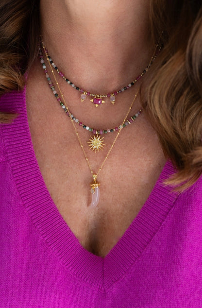 Colliers Eden et Sloane en pierre de tourmaline multicolore et quartz rose rubis