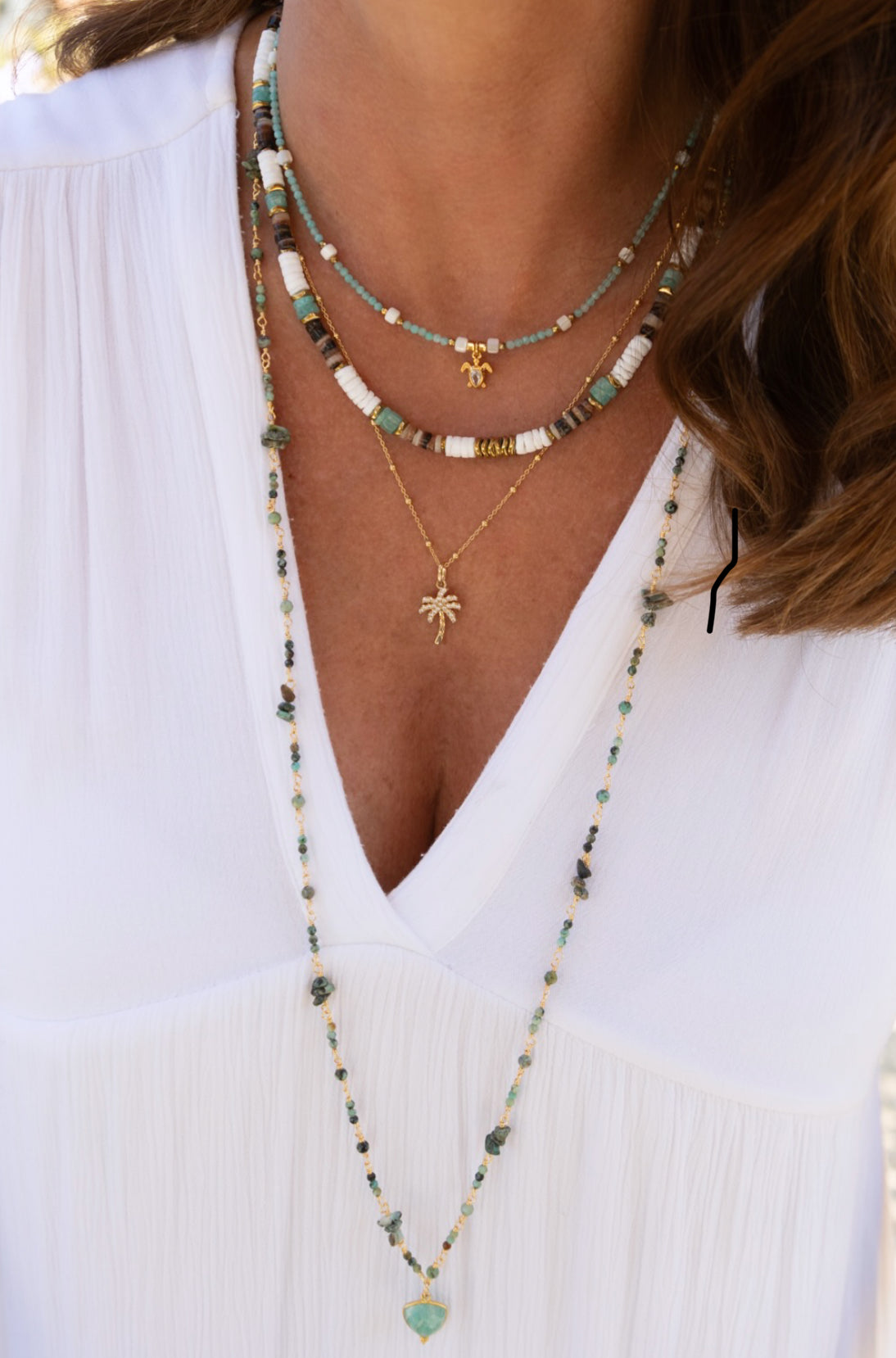 Collier Surfeur Summer en pierre d'Amazonite, hématite, nacre et coquillage