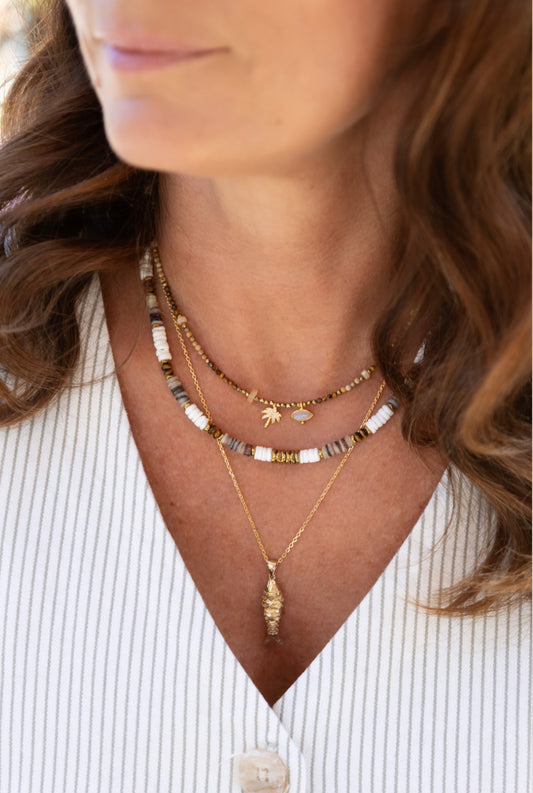 Collier Surfeur Summer en pierre d'Oeil fdu tigre, hématite, nacre
