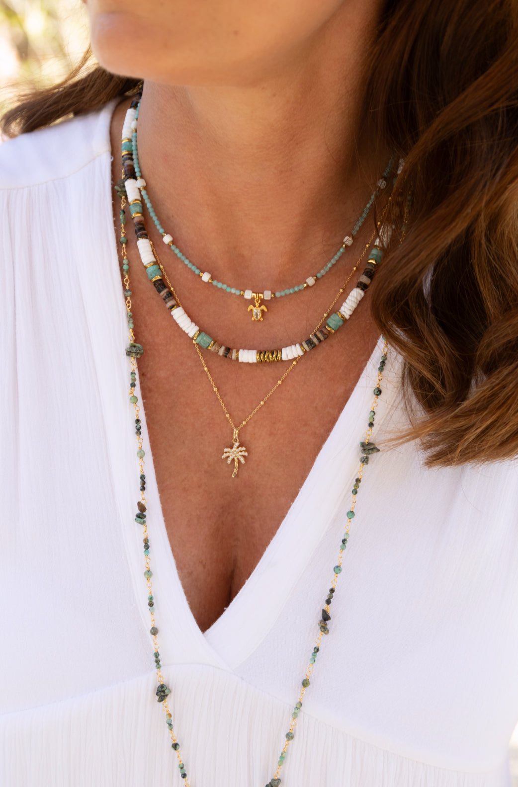 Collier Surfeur Summer en pierre d'Amazonite, hématite, nacre et coquillage