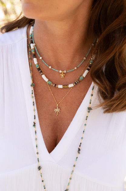 Collier Surfeur Summer en pierre d'Amazonite, hématite, nacre et coquillage