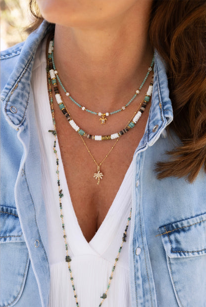 Collier Surfeur Summer en pierre d'Amazonite, hématite, nacre et coquillage