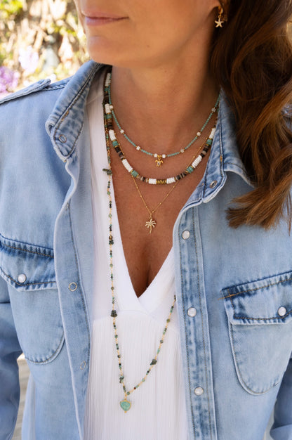 Collier Surfeur Summer en pierre d'Amazonite, hématite, nacre et coquillage